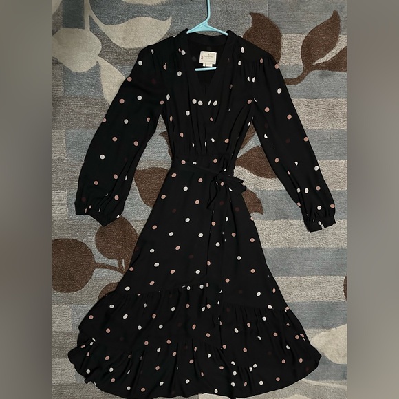 Kate Spade Long Sleeve Bakery Dot Midi Wrap Dress Black w Pink & White Polka Dot - Picture 2 of 8